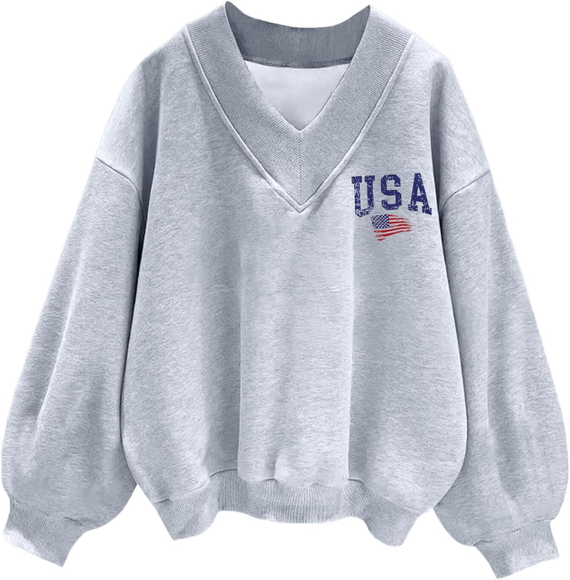 Hilinker Womens V Neck Oversized Sweatshirts Casual Drop Shoulder Long Sleeve Pullover Tops-54