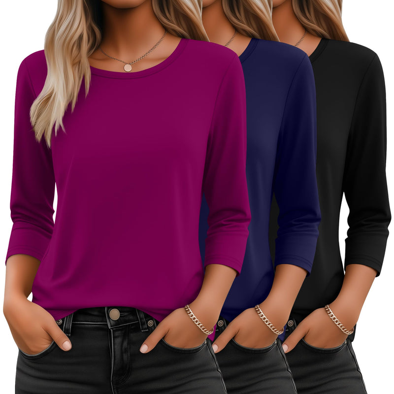 Ficerd 3 Pack 3/4 Sleeve Tops for Women Round Neck Dressy Basics Tees Casual Trendy Loose Fit T Shirts-6