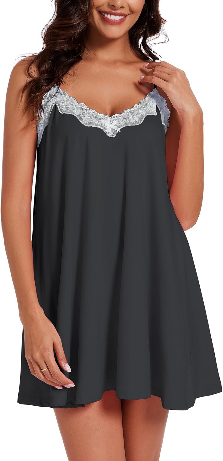 Nightgowns for Women Sexy Lace Sleepwear V Neck Short Night Gowns Sleeveless Chemise Nighty-51