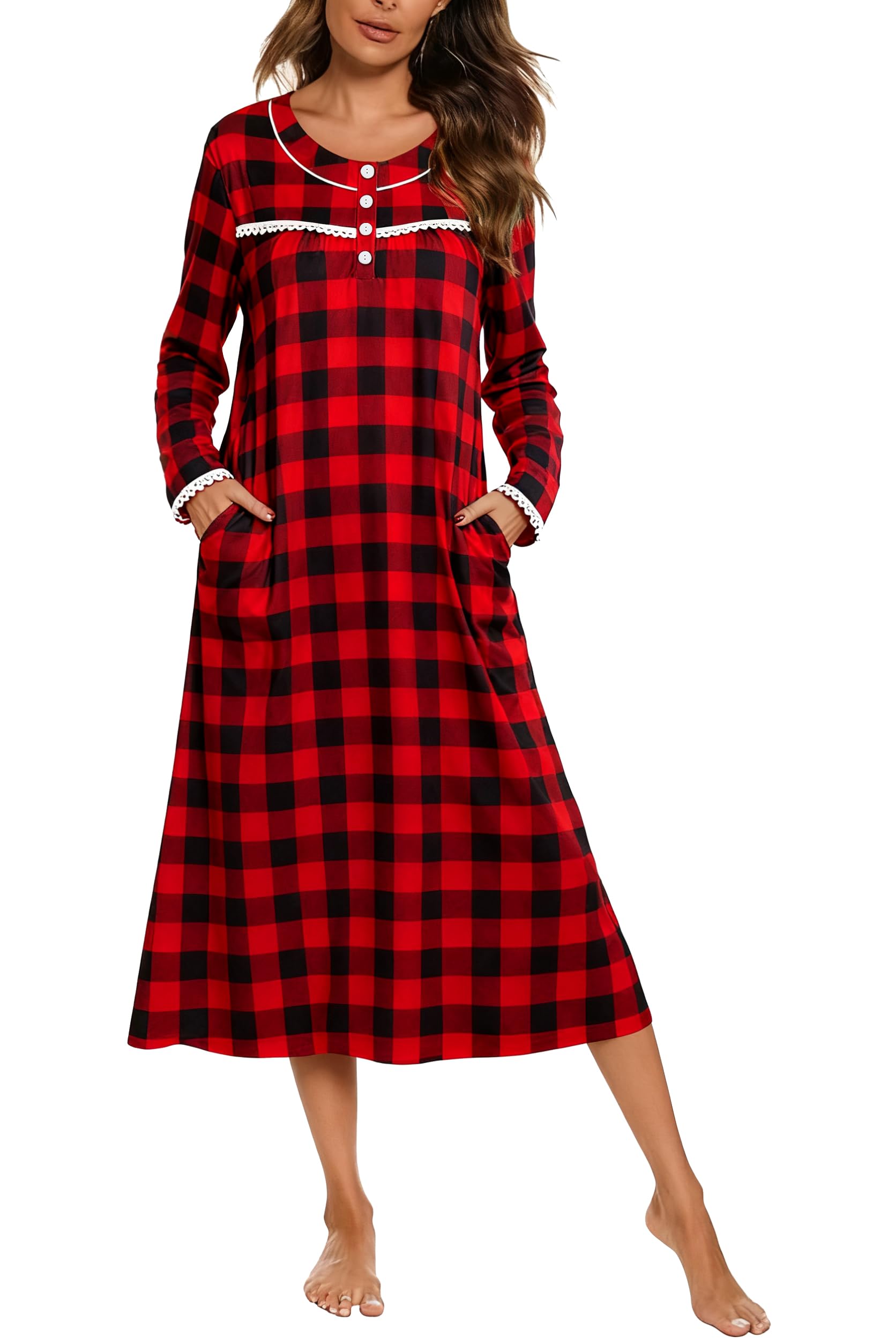 YOZLY Nightgowns for Women Soft Cotton Long Sleeve Night Gwon with Pockets-41