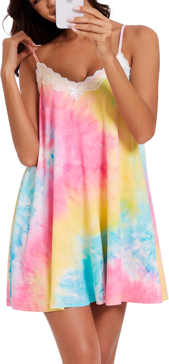 Nightgowns for Women Sexy Lace Sleepwear V Neck Short Night Gowns Sleeveless Chemise Nighty-46