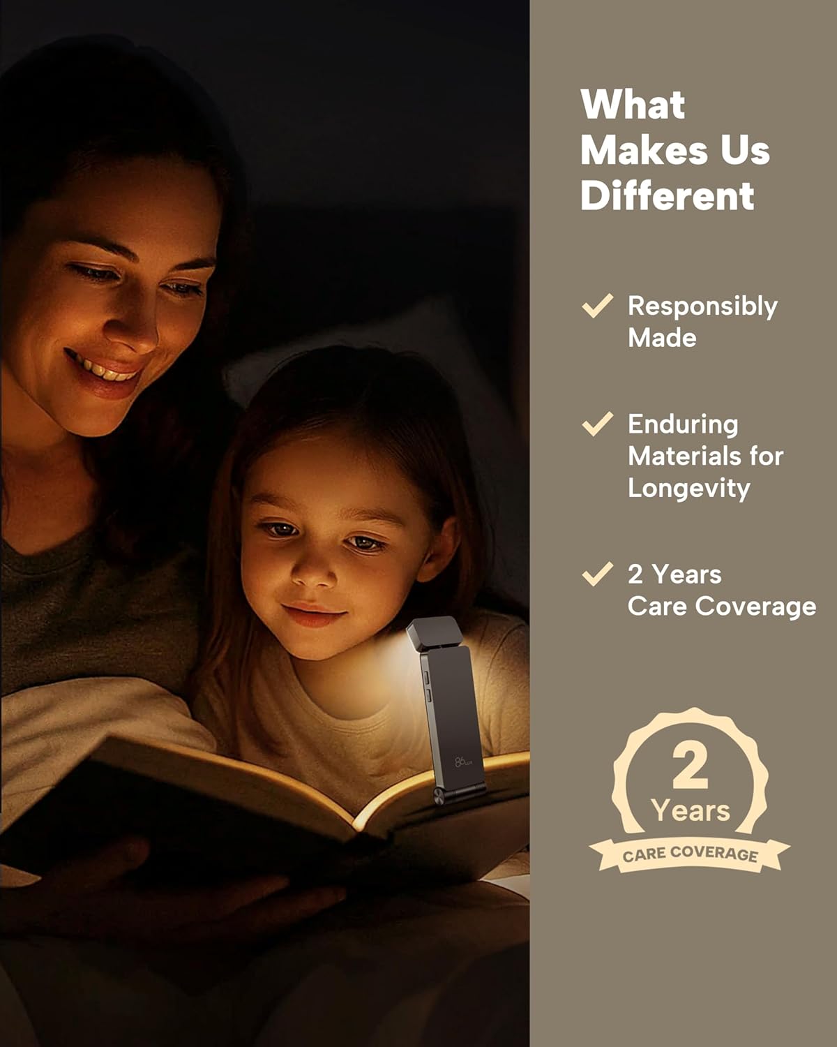 86lux Book Light, Rechargeable Clip-On LED Reading Light for Bed | 3 Color Temperatures with Stepless Dimming, Ultralight Bookmark Design for Book Lovers, Grey