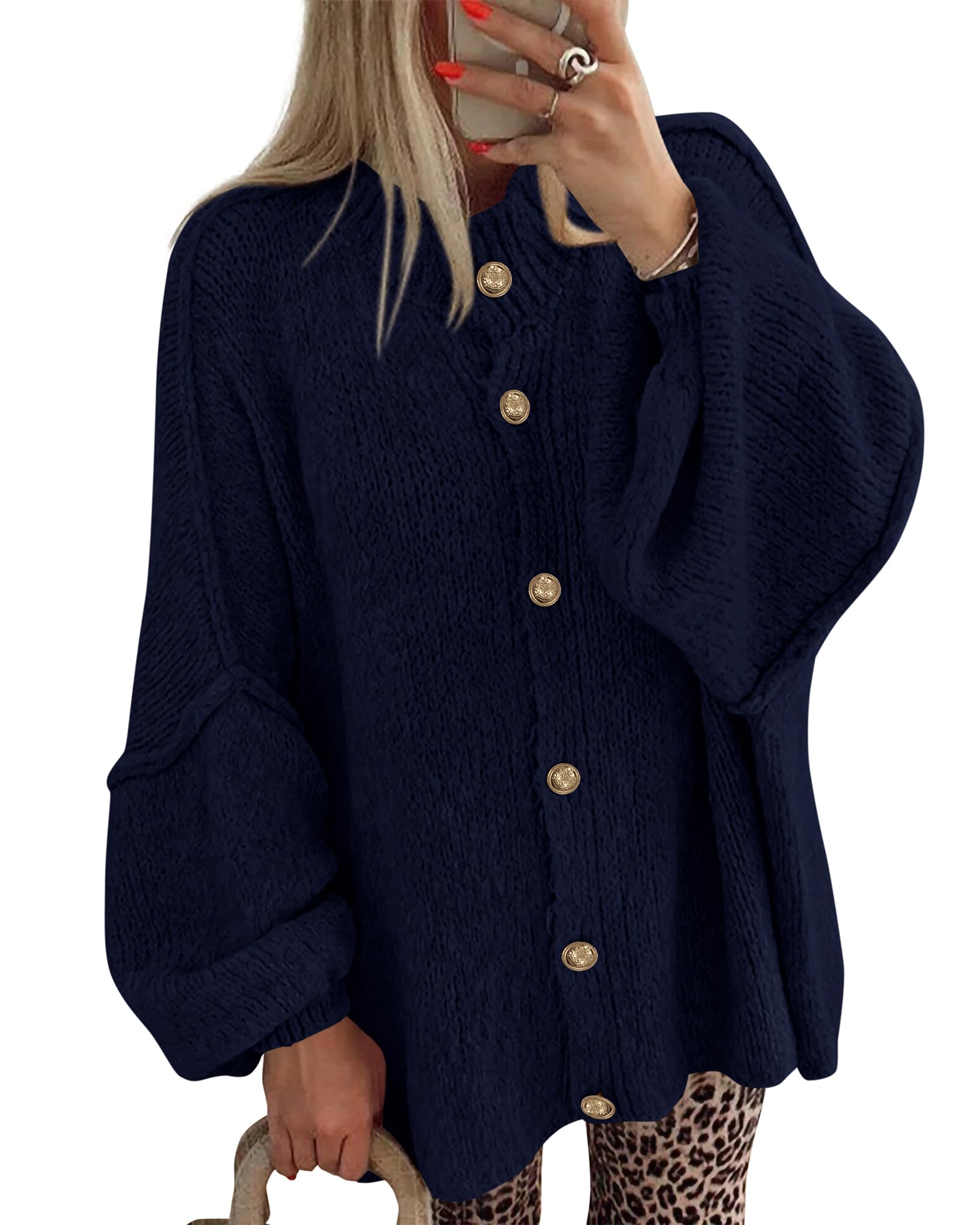 BTFBM Cardigan Sweaters for Women 2026 Fall Clothes Lantern Long Sleeve Button Open Front Chunky Knit Oversized Sweater-3