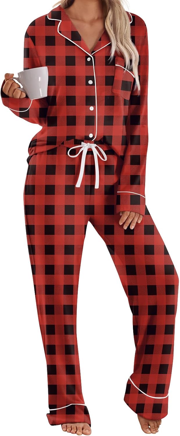LILLUSORY Women's Long Sleeve Pajama Set - Soft Button-Down Top & Comfortable Drawstring Pants with Pockets-23