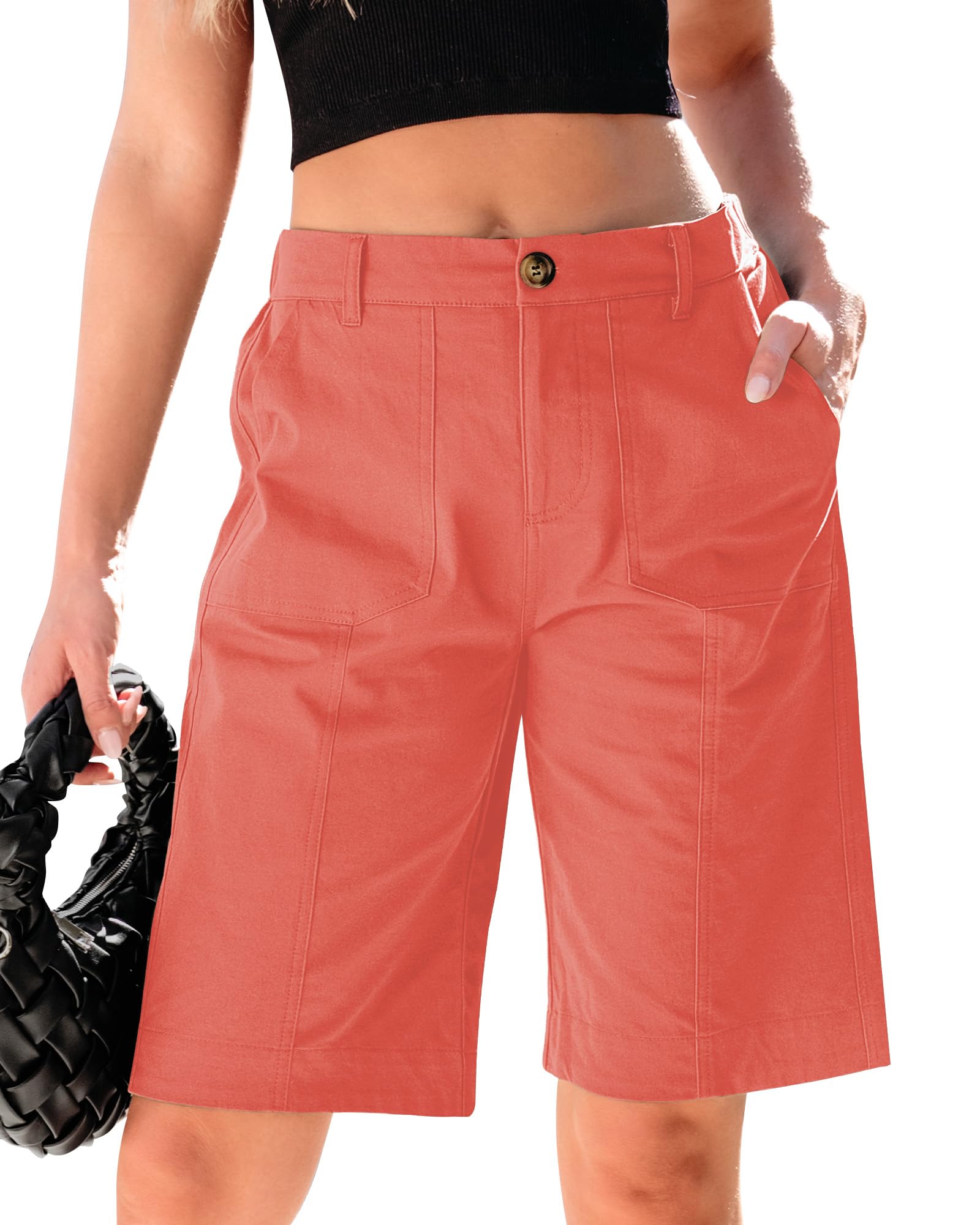 luvamia Bermuda Shorts for Women Knee Length High Waisted Cotton Elastic Waist Summer Dressy Casual Long Chino Shorts