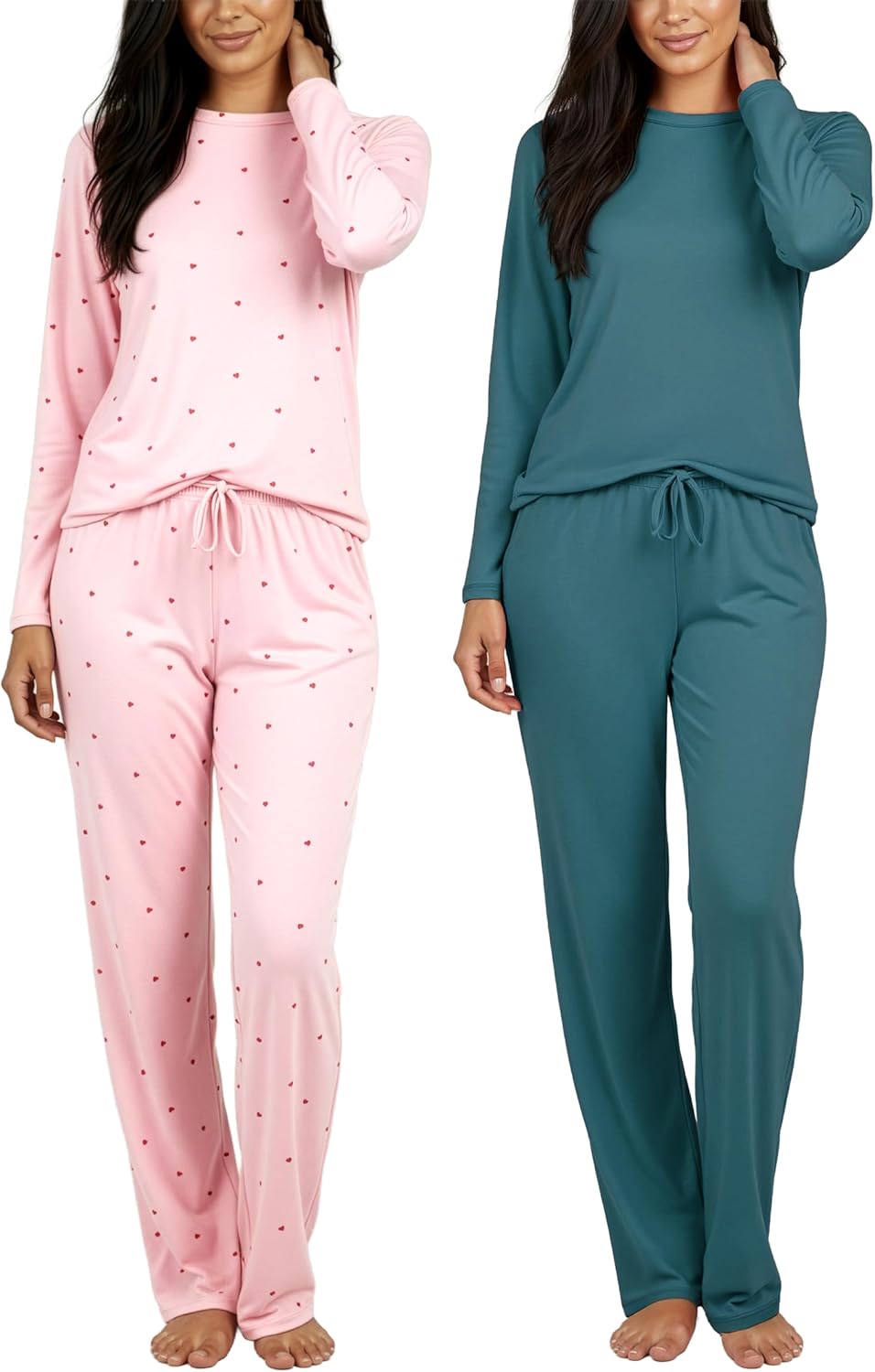 Real Essentials 2 Pack: Women's Comfy Pajama Sets - Short & Long Sleeve Ladies Loungewear Sleepwear PJs (Available In Plus)-53