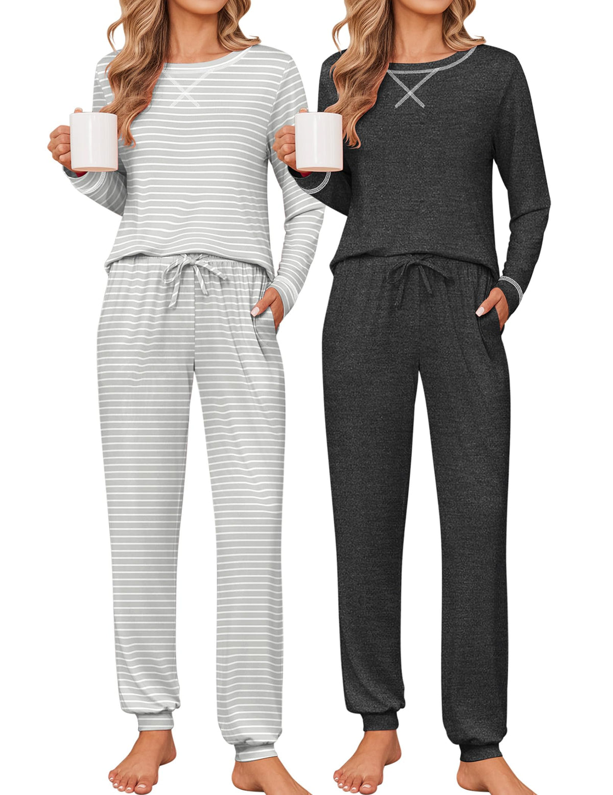 Ekouaer 2 Pack Pajama Sets for Women Long Sleeves Lounge Set Jogger Pants