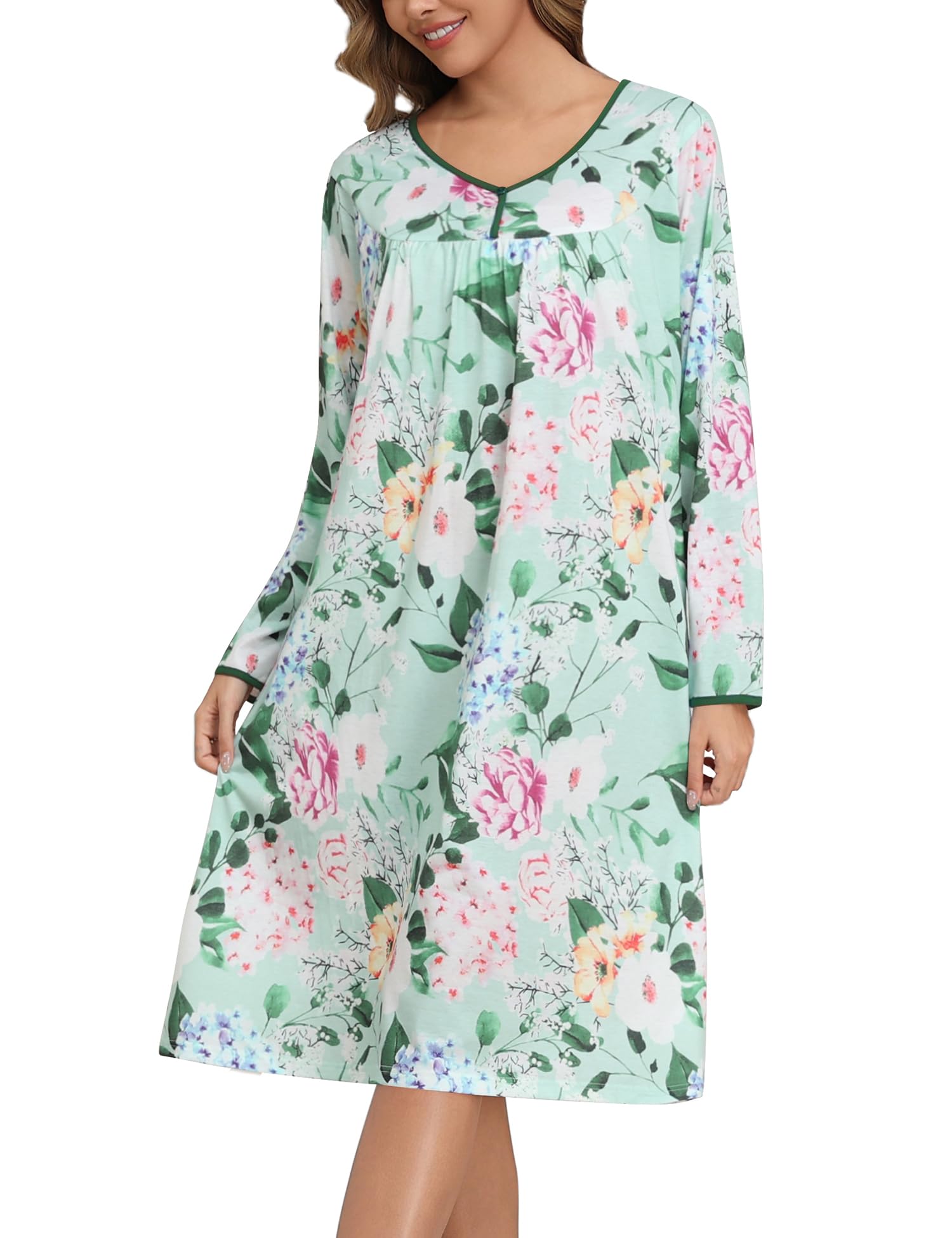 YOZLY Nightgowns for Women Soft Cotton Long Sleeve Night Gwon with Pockets-55