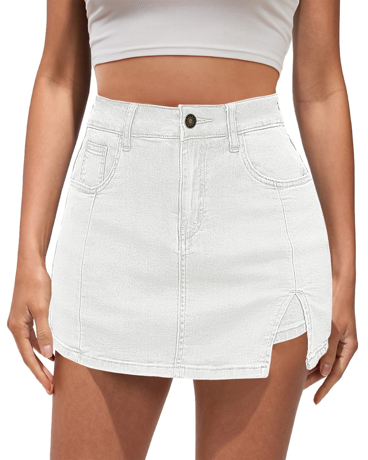 Vetinee Jean Skorts for Woman High Waisted Trendy Slit Stretchy Denim Skirt with Shorts Y2K Casual Summer Skorts Skirts