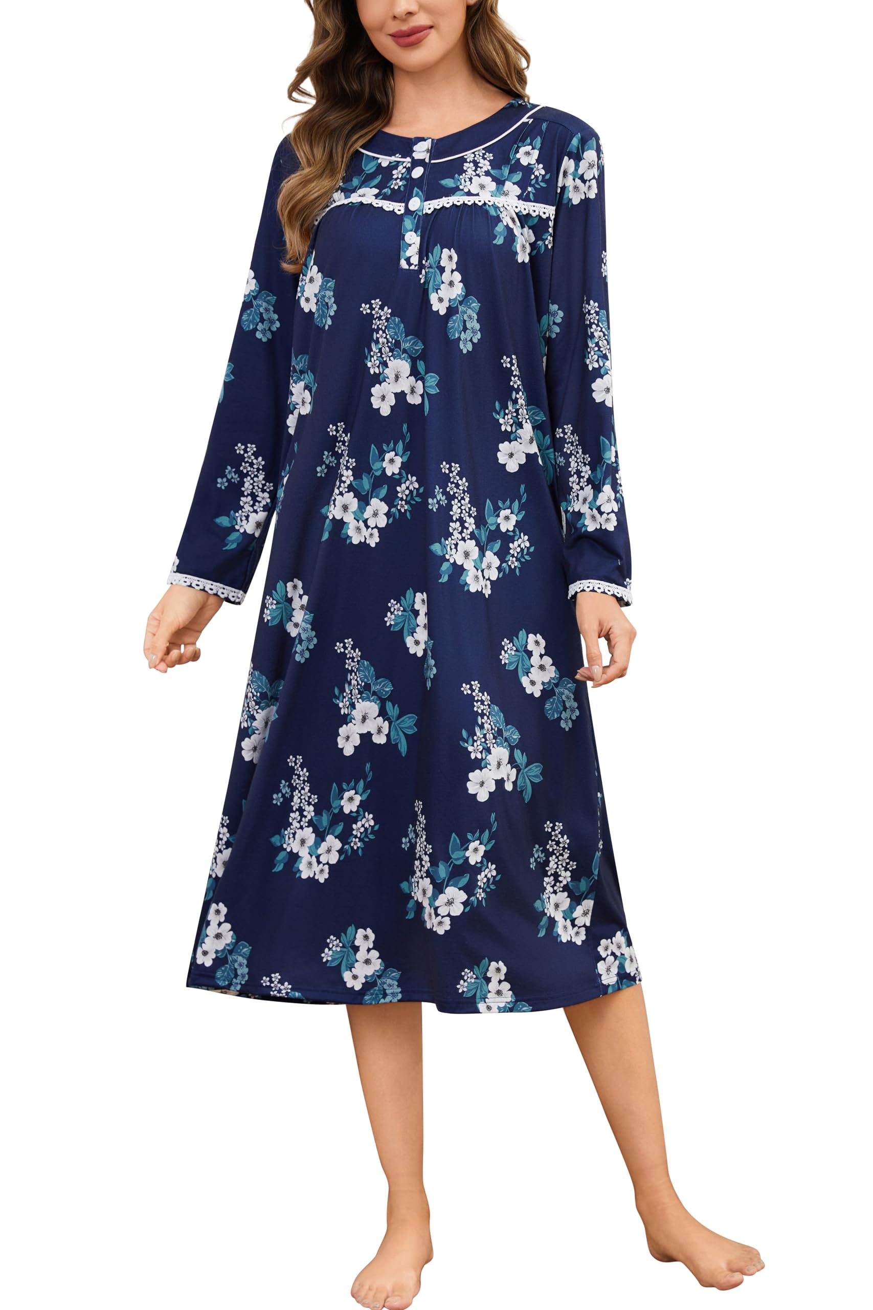 YOZLY Nightgowns for Women Soft Cotton Long Sleeve Night Gwon with Pockets-89