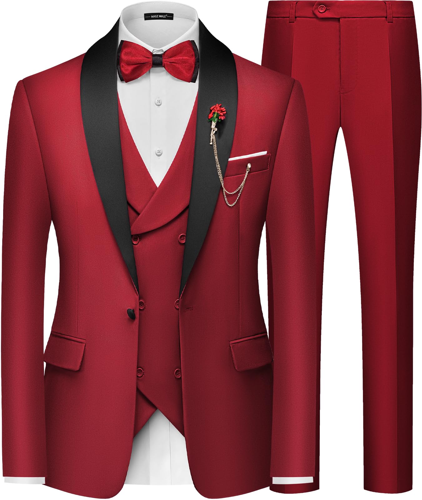 MAGE MALE Men's Slim Fit 3 Piece Suit One Button Solid Shawl Lapel Blazer Jacket Vest Pants Set with Tie Pocket Square-36