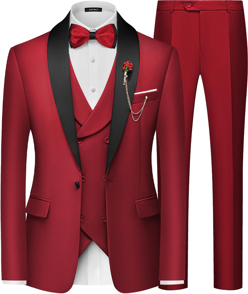 MAGE MALE Men's Slim Fit 3 Piece Suit One Button Solid Shawl Lapel Blazer Jacket Vest Pants Set with Tie Pocket Square-42