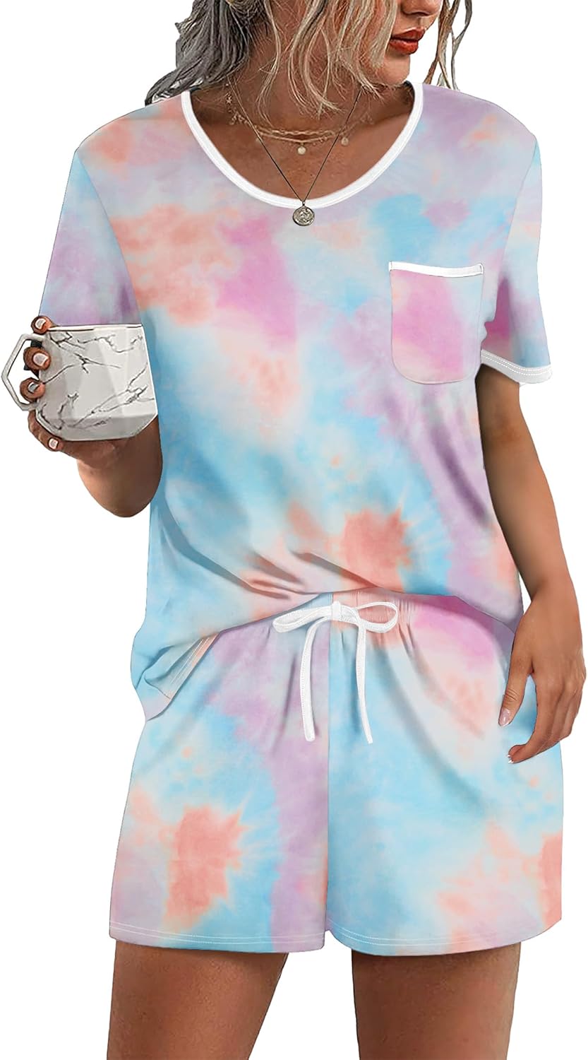 Ekouaer Pajama Set for Women 2 Piece Lounge Set Short Sleeve Tops and Shorts Soft Sleepwear, Chest Pocket