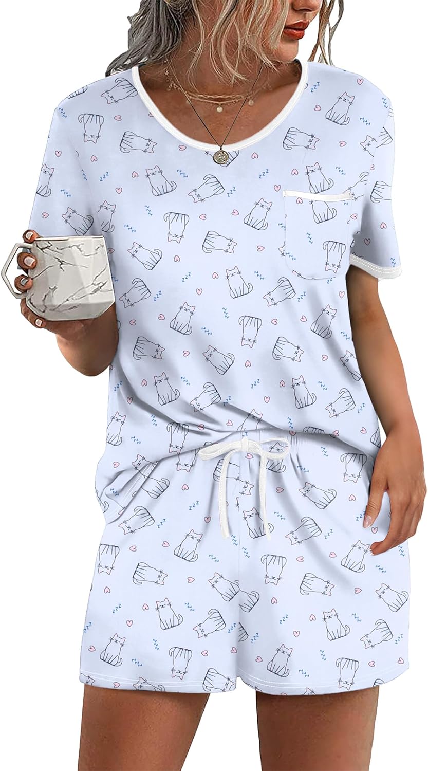 Ekouaer Pajama Set for Women 2 Piece Lounge Set Short Sleeve Tops and Shorts Soft Sleepwear, Chest Pocket-90