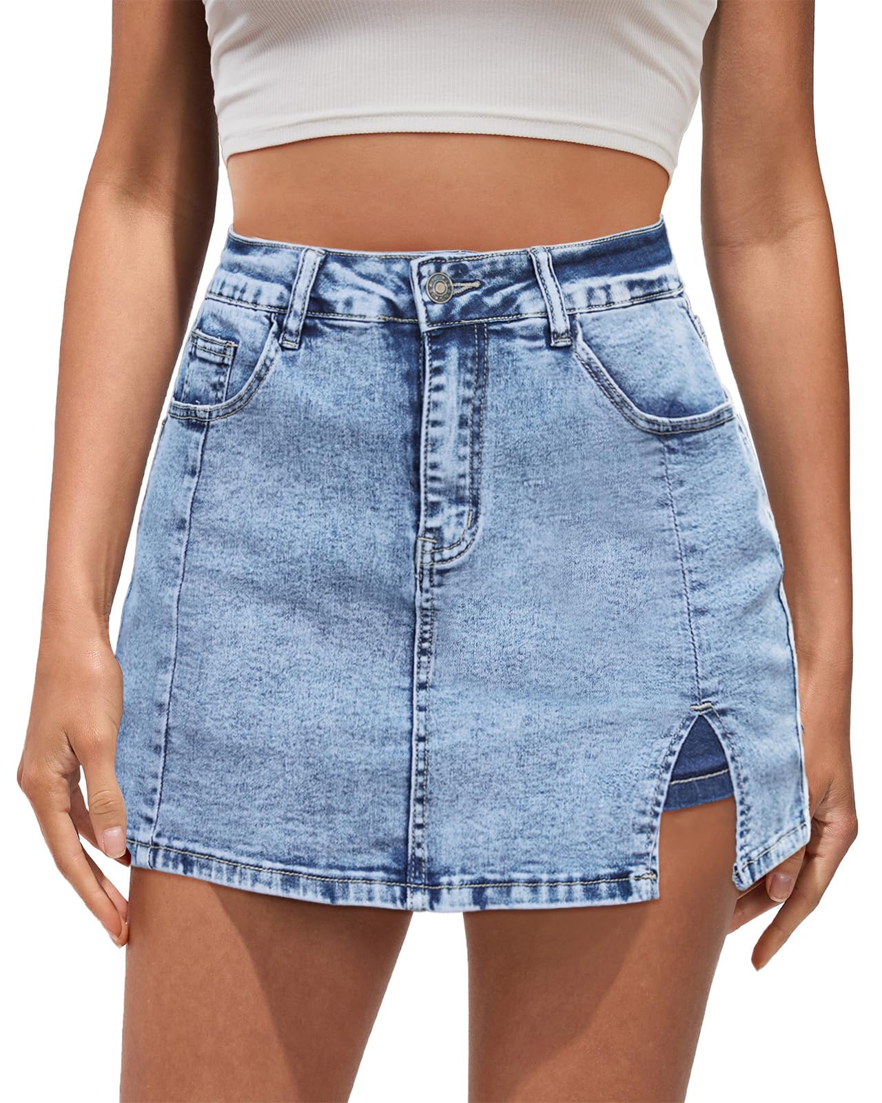 Vetinee Jean Skorts for Woman High Waisted Trendy Slit Stretchy Denim Skirt with Shorts Y2K Casual Summer Skorts Skirts