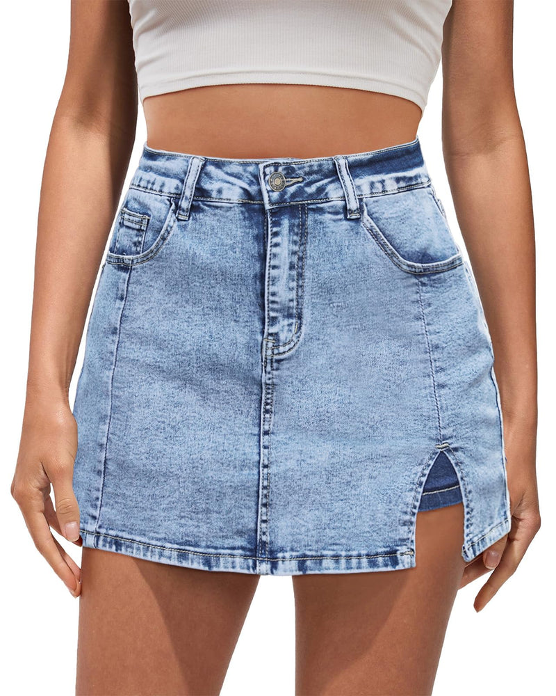 Vetinee Jean Skorts for Woman High Waisted Trendy Slit Stretchy Denim Skirt with Shorts Y2K Casual Summer Skorts Skirts