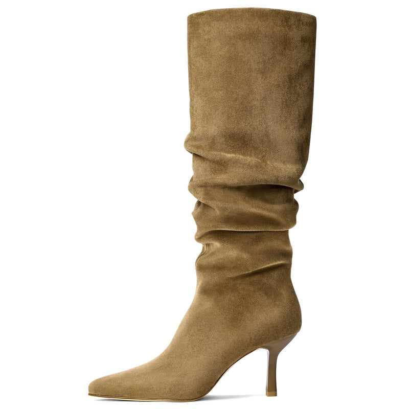 Lumeheel Knee High Boots for Women - Suede Ruched Women's Tall Boots with Pointed Toe Kitten Heel Pull On Zipper, Slouch Fashion for Fall Winter-5