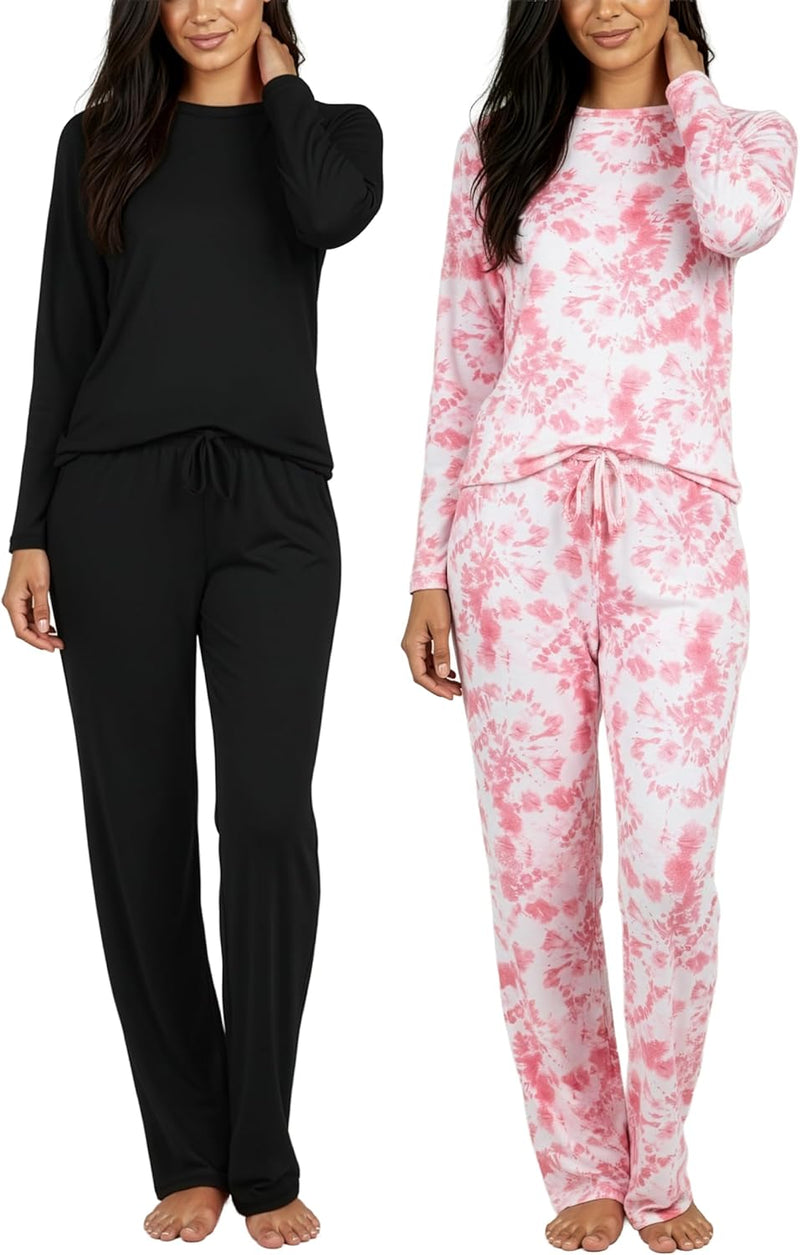 Real Essentials 2 Pack: Women's Comfy Pajama Sets - Short & Long Sleeve Ladies Loungewear Sleepwear PJs (Available In Plus)-39