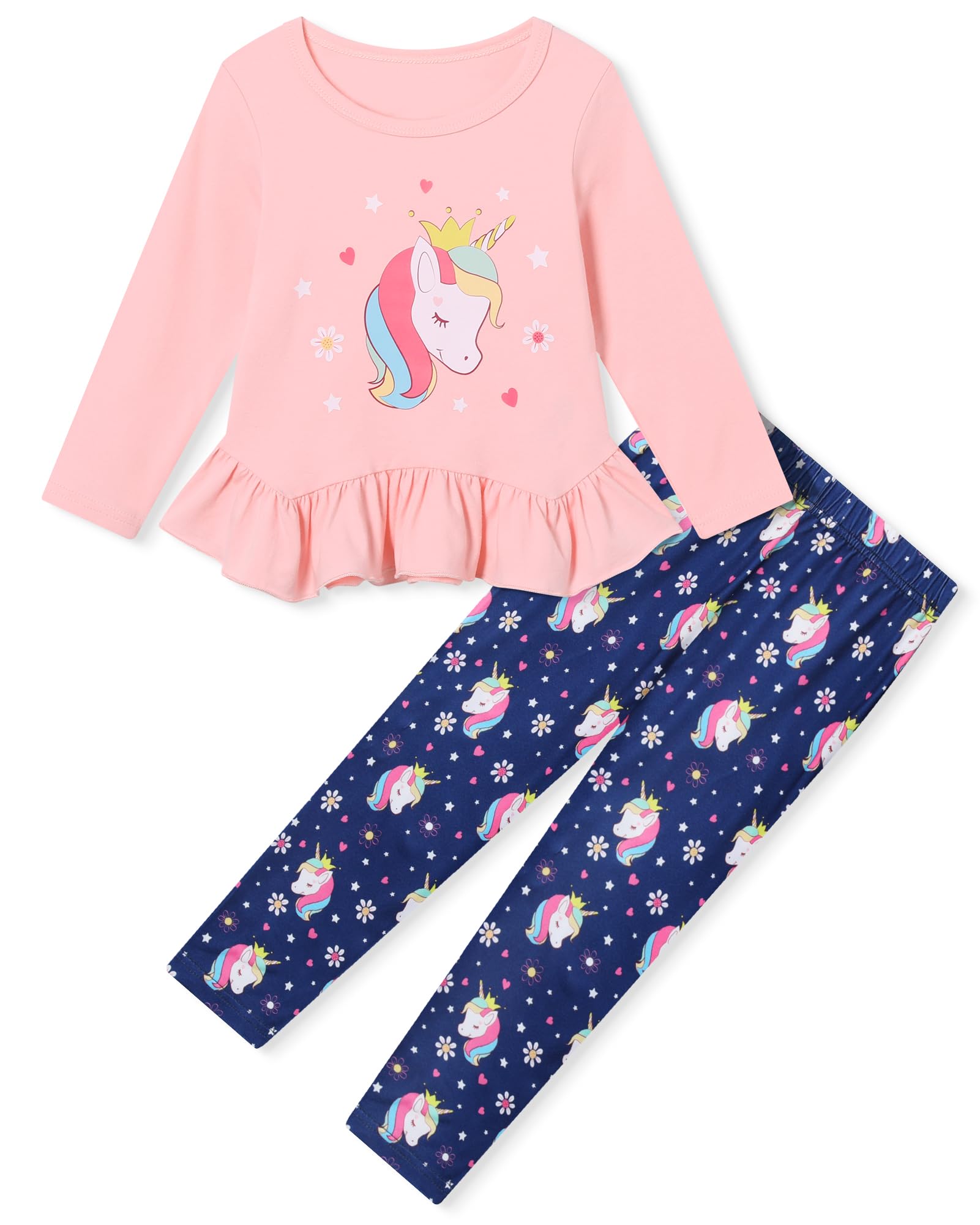 CARETOO Toddler Girl Clothes Girl 2pcs Fall Winter Outfit Ruffle Hem Top and Full-print Patterned Pants 2-7 Years