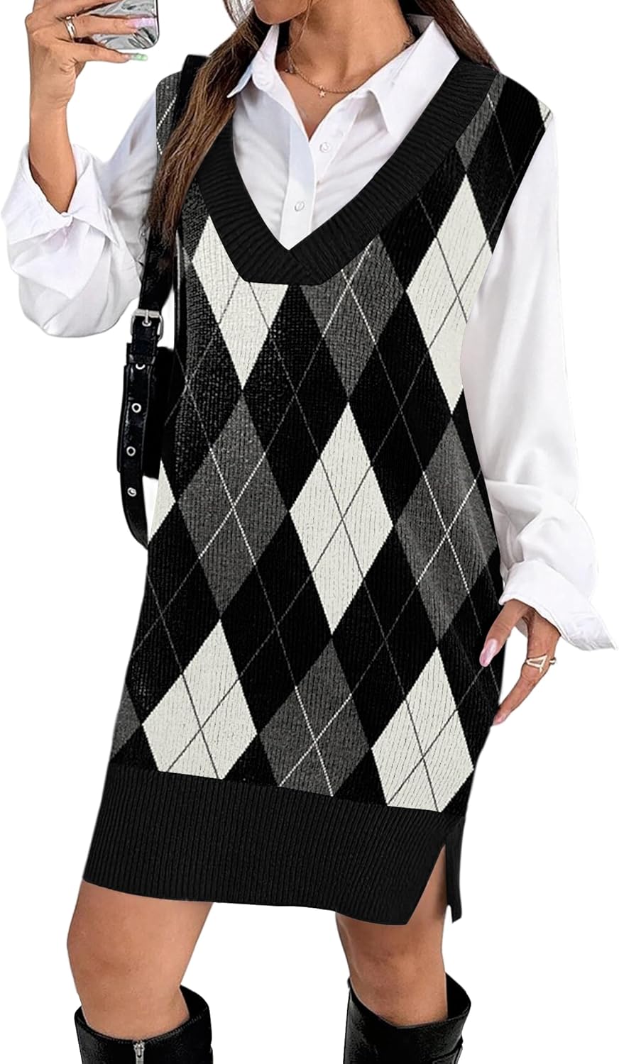 Zeagoo Women's V Neck Sweater Vest Dress Oversized Sleeveless Casual Pullover Sweater Fall Winter Knit Slit Short Dress-37