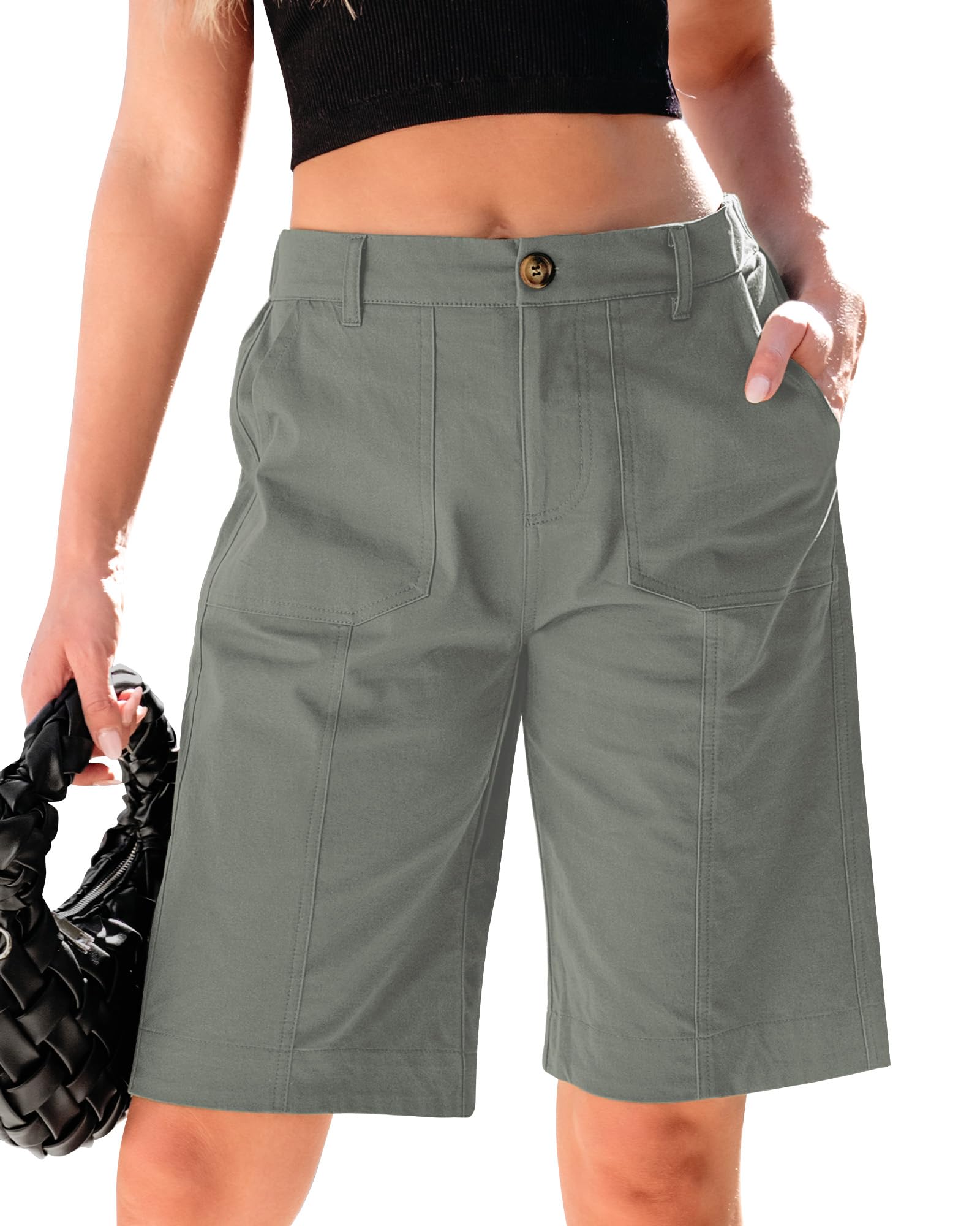 luvamia Bermuda Shorts for Women Knee Length High Waisted Cotton Elastic Waist Summer Dressy Casual Long Chino Shorts