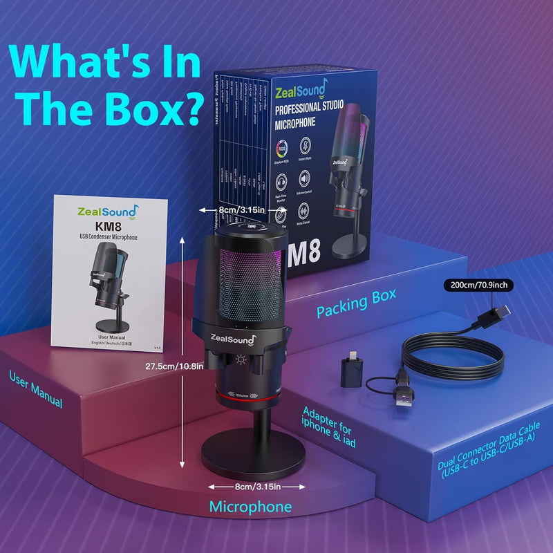 ZealSound Gaming USB Microphone, Noise Cancellation Condenser mic with RGB Light, Touch Mute, Gain, Monitoring for Streaming, Podcast, Twitch, YouTube, Discord, iPhone, iPad, Computer, PS4, PS5, Mac