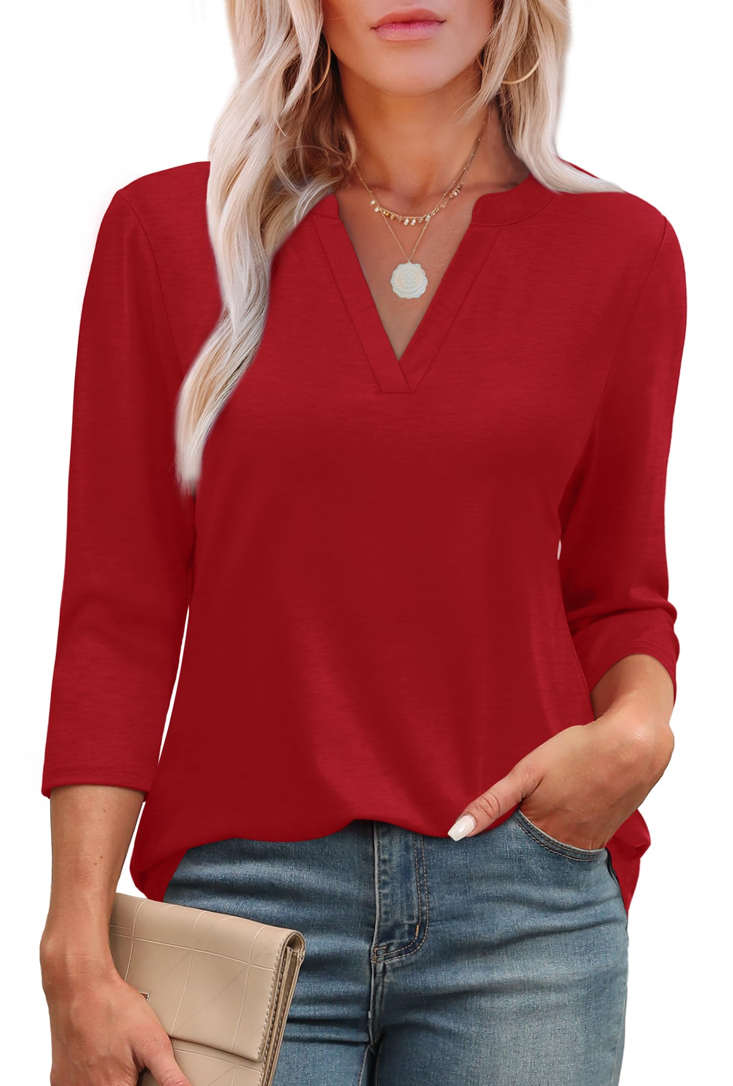 OFEEFAN 3/4 Length Sleeve Womens Tops V Neck Tunic Shirts Loose Curved Hem Blouses Dressy Casual S-3XL-23