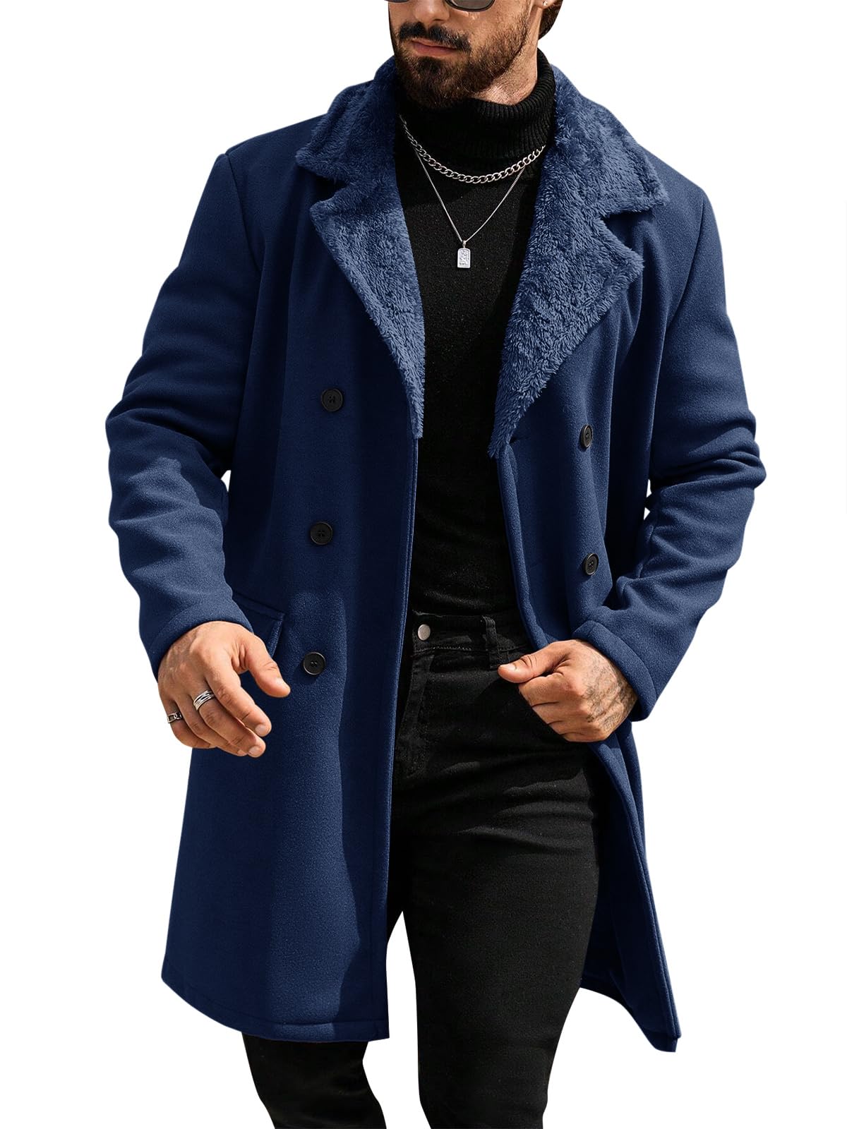 Runcati Mens Trench Coat Double Breasted Notched Collar Fleece Jacket Slim Fit Fall Winter Fuzzy Pea Coats Warm Overcoat-18