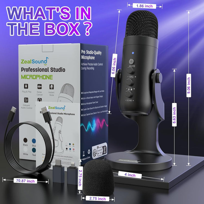 ZealSound Podcast Microphone for PC, Noise Cancellation USB Mic with Gain, Volume Adjustment & Mute Button, Monitoring & Echo, for YouTube, TikTok, Podcasting, Streaming, iPhone, iPad, Android, Mac