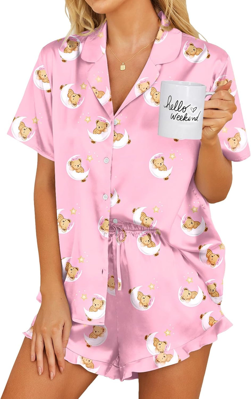 Ekouaer Womens Satin Pajamas Set Button Down 2 Piece Silk Pjs Shorts Set Ruffle Lingerie Notch Collar Sleepwear-100