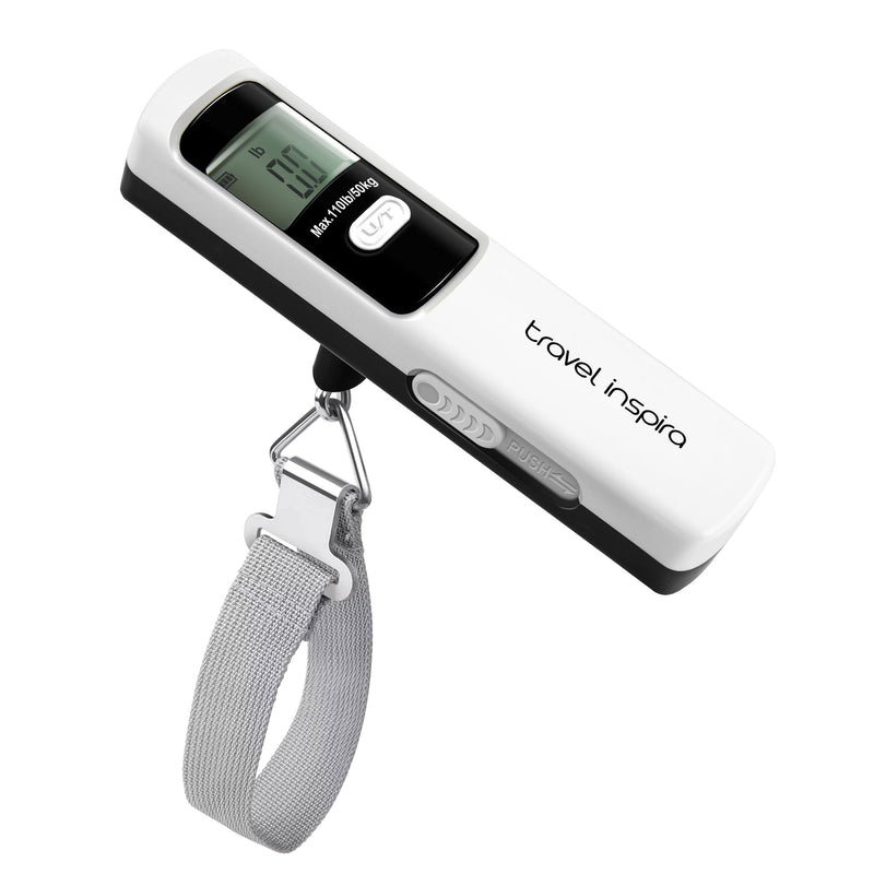 travel inspira Battery-Free Luggage Scale 110lb/50kg Digital Portable | Battery-free luggage scale, pump to power, 110lb/50kg, ±50g, lb/kg switch, tare, overload alert, travel essential
