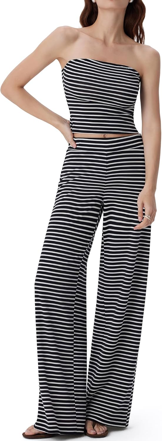 SUUKSESS Women 2 Piece Lounge Set Tube Top Wide Leg Pants Matching Sets Beach Vacation Outfits-22