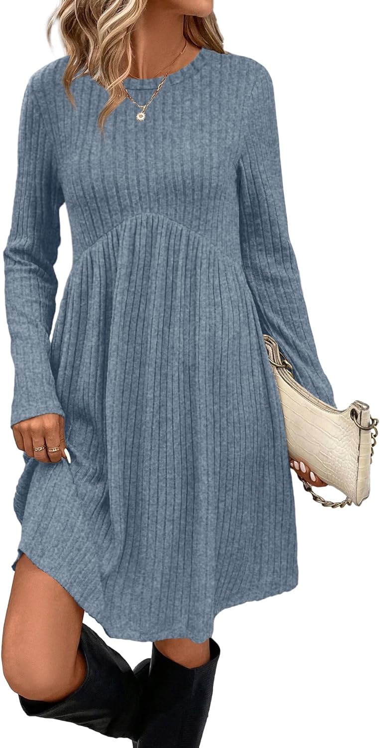 OFEEFAN Long Sleeve Dress for Women Crew Neck Empire Waist Tunic Dress with Pockets-16