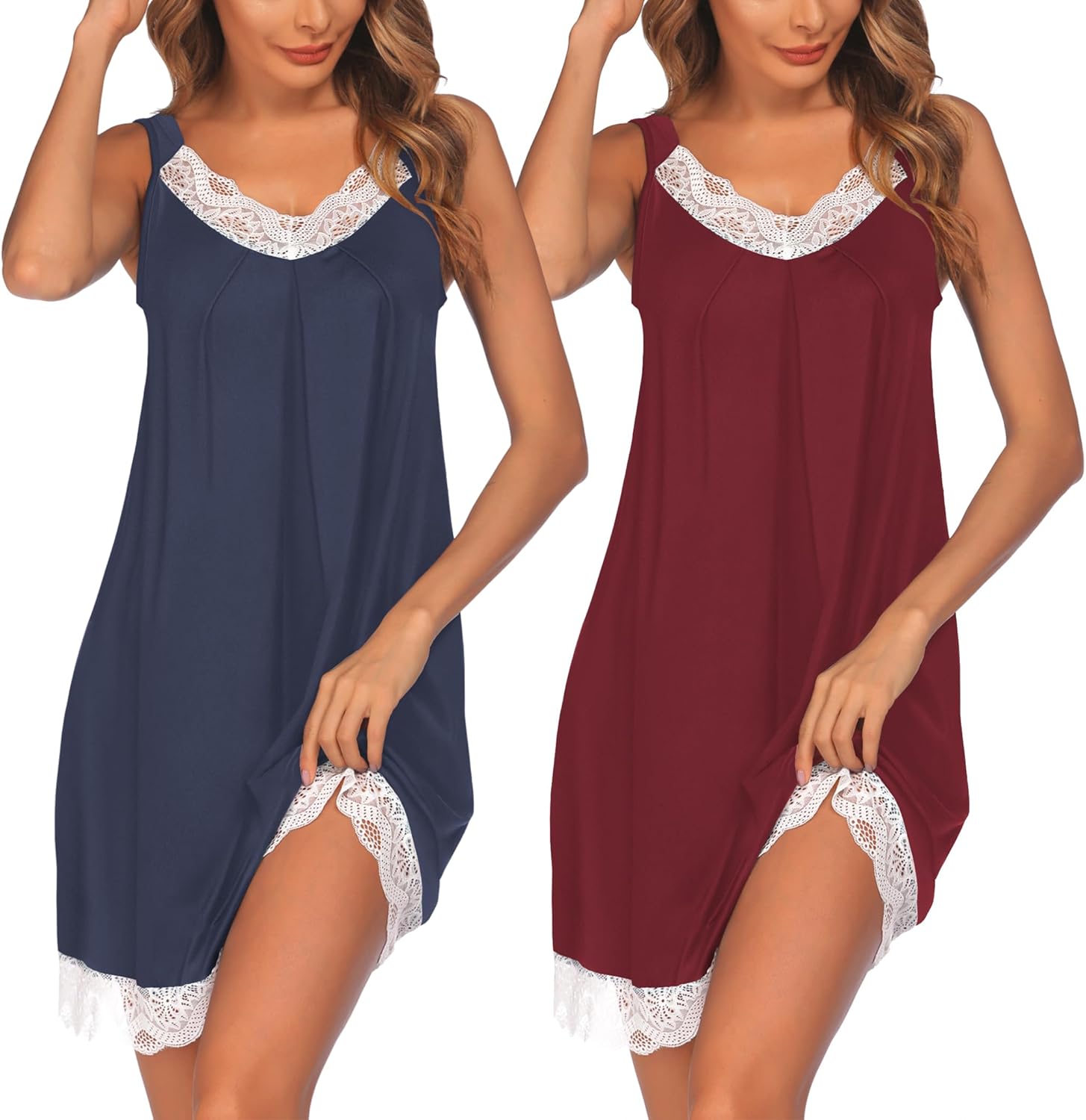 Ekouaer Womens Nightgown 2 Pack Nightgown V Neck Lace Sleepwear Sleeveless Chemise Women's nightgowns & sleepshirts S-XXL-3
