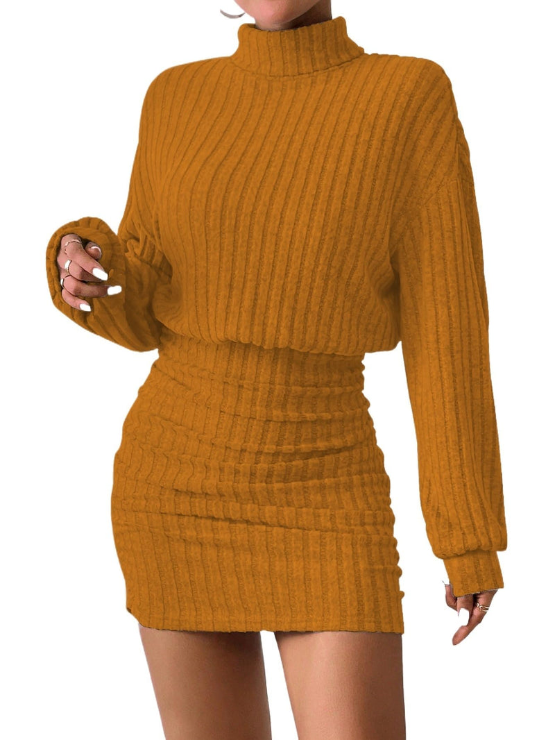 Women's Pullover Sweater Dress Long Lantern Sleeve Turtle Neck Cute Ribbed Knit Bodycon Mini Short Dress 2025 Fall-83