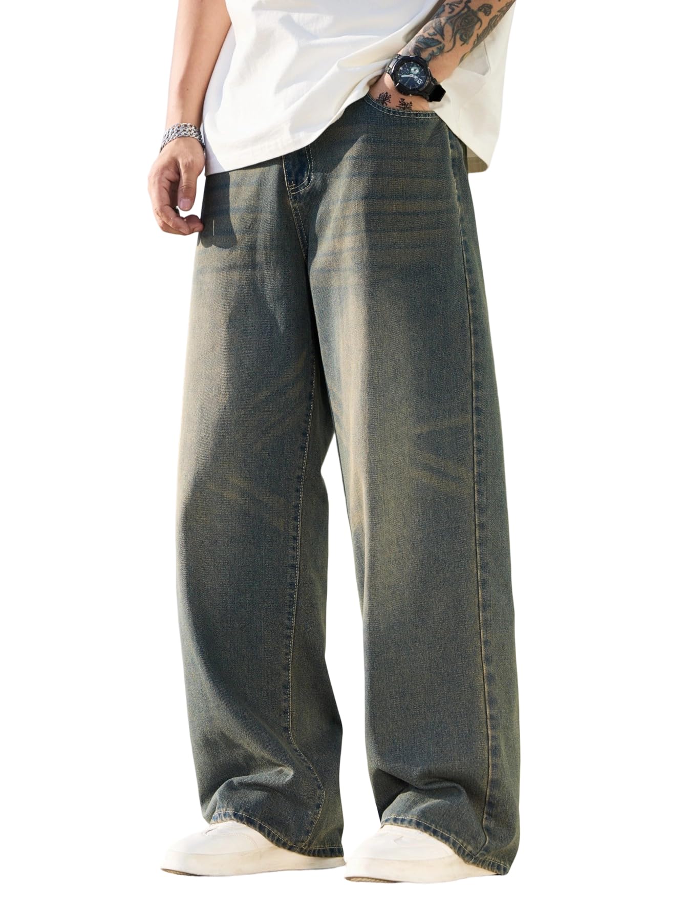 Mens Wide Leg Baggy Jeans Y2k Casual Fashion Loose Denim Pants Work Office Streetwear-81