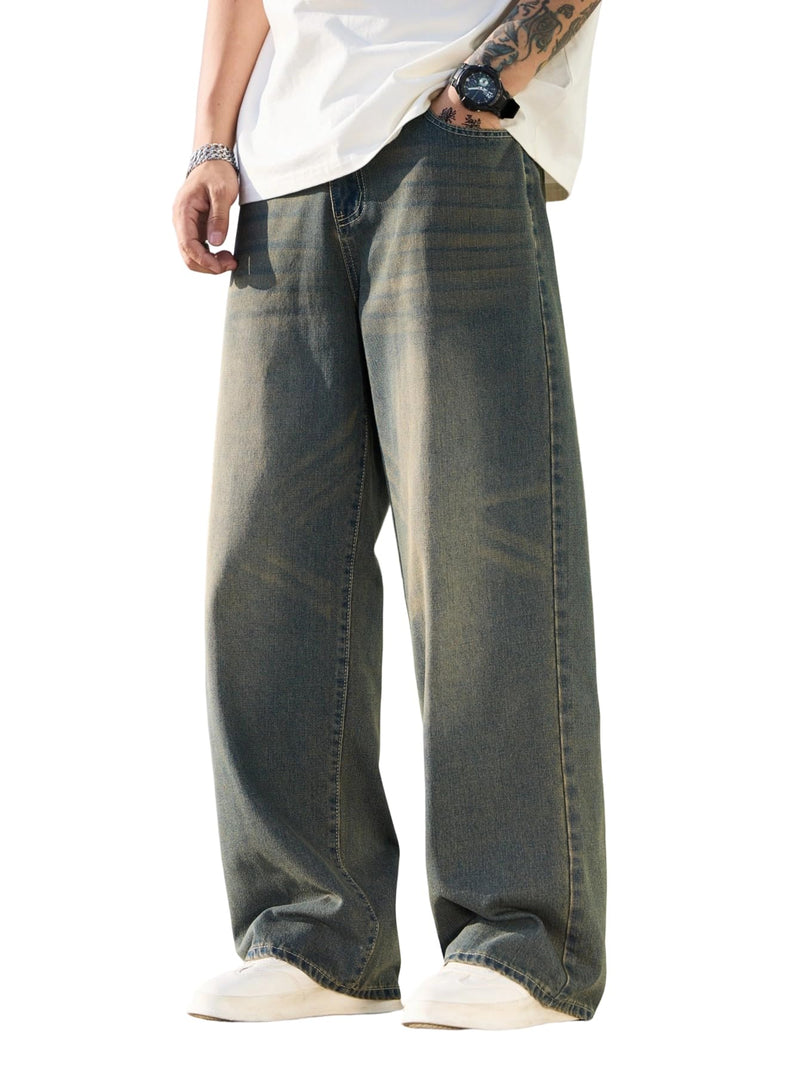 Mens Wide Leg Baggy Jeans Y2k Casual Fashion Loose Denim Pants Work Office Streetwear-81