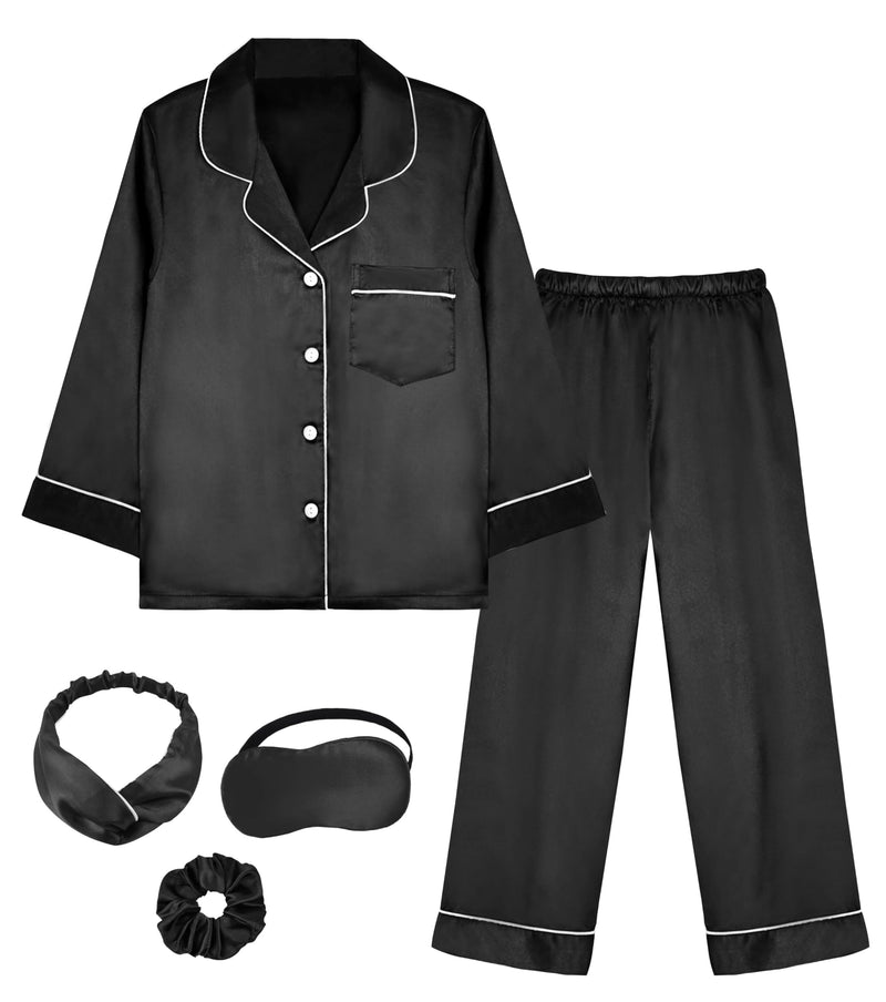 EPLAZA Kids Satin Pajamas Sets Girls Boys Button-Down Silky Pajamas Sleepwear with Hairband Eye Mask Hair Tie