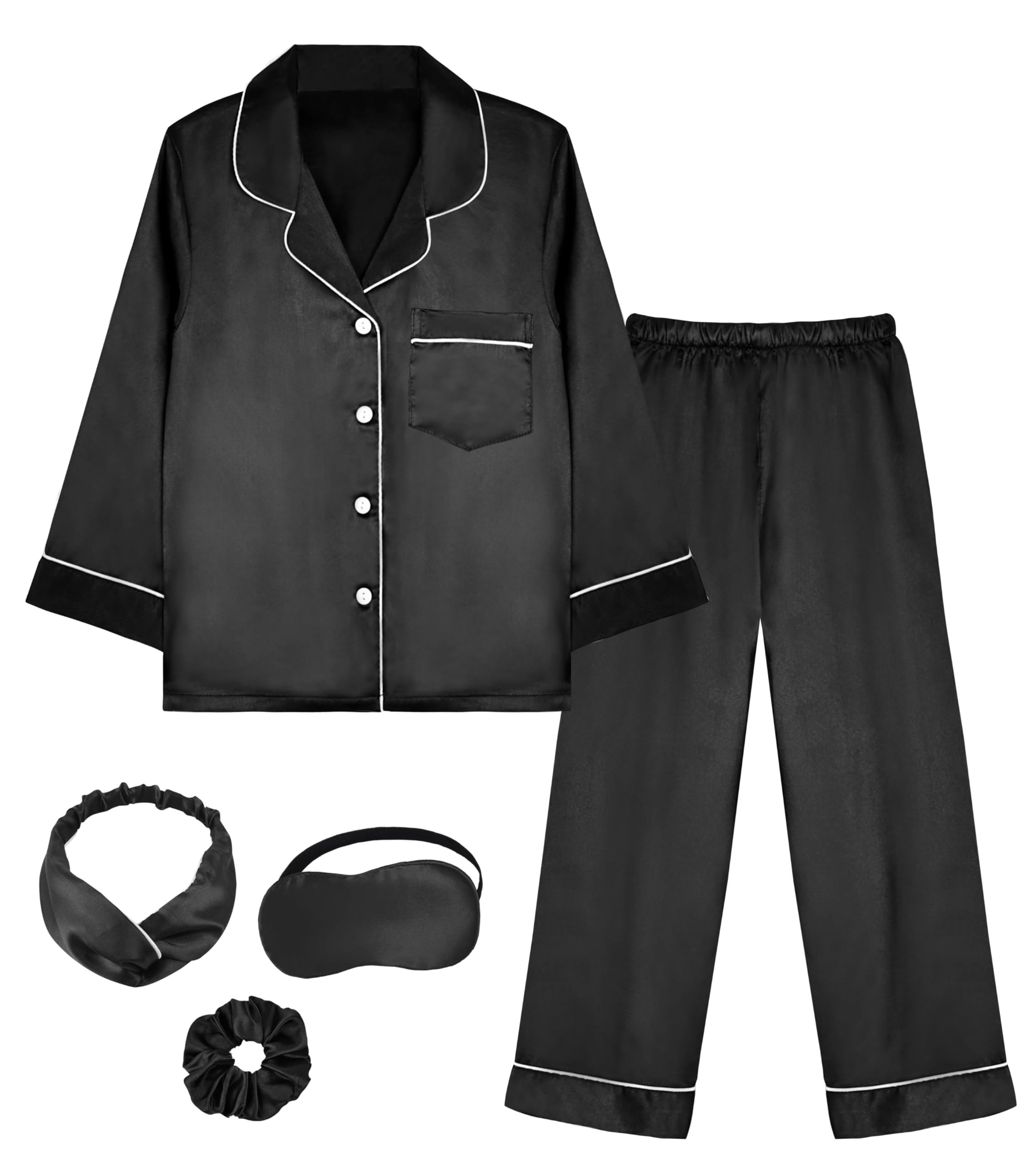 EPLAZA Kids Satin Pajamas Sets Girls Boys Button-Down Silky Pajamas Sleepwear with Hairband Eye Mask Hair Tie