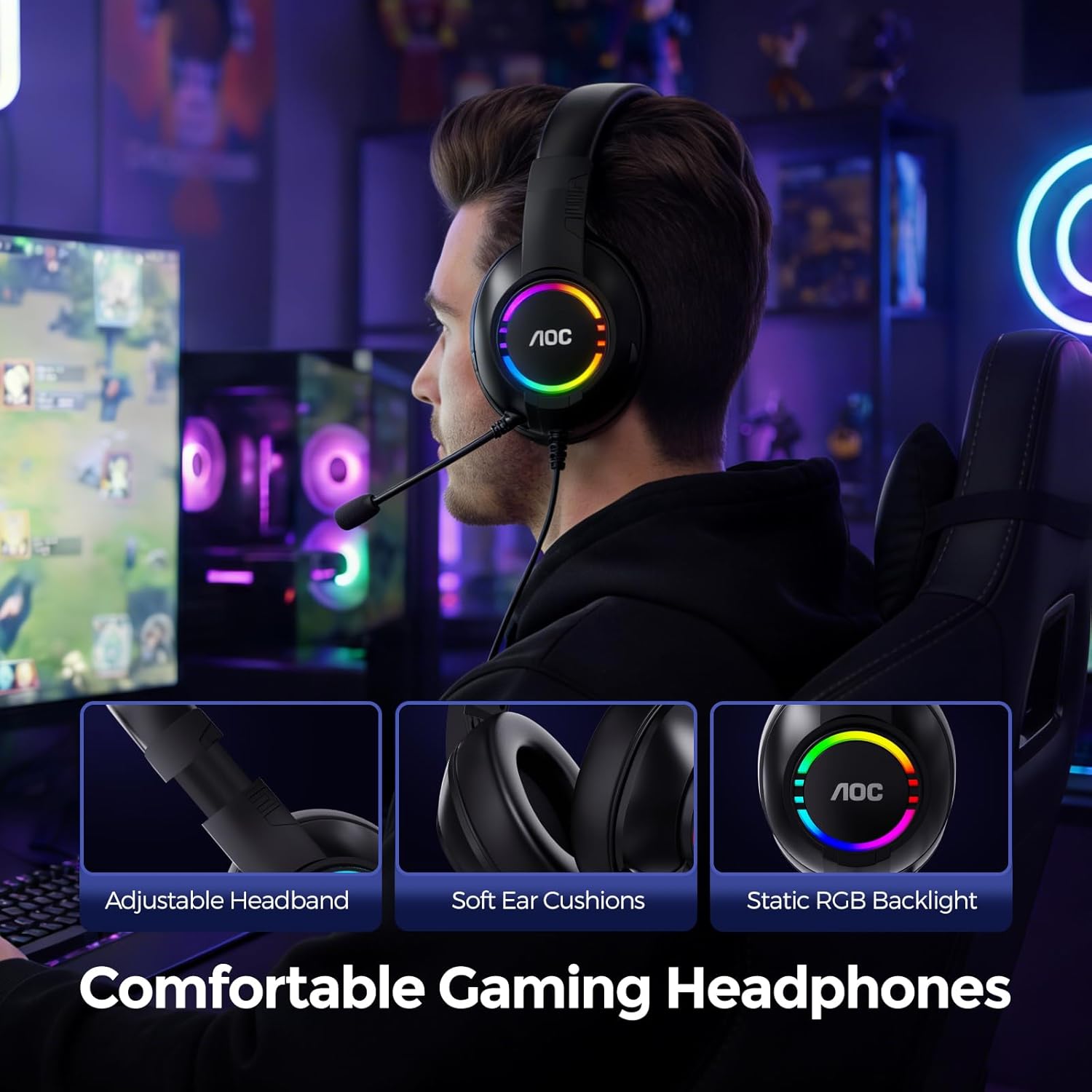 AOC Gaming Headset, Black Wired Gaming Headphones with 50mm Drivers, RGB USB Corded Headphone for PC/Laptops, Over Ear Headset with Mic for PS4/PS5/NS Switch(Docked Mode), ACG2510