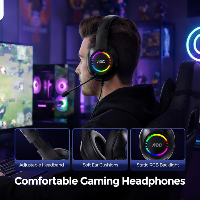AOC Gaming Headset, Black Wired Gaming Headphones with 50mm Drivers, RGB USB Corded Headphone for PC/Laptops, Over Ear Headset with Mic for PS4/PS5/NS Switch(Docked Mode), ACG2510