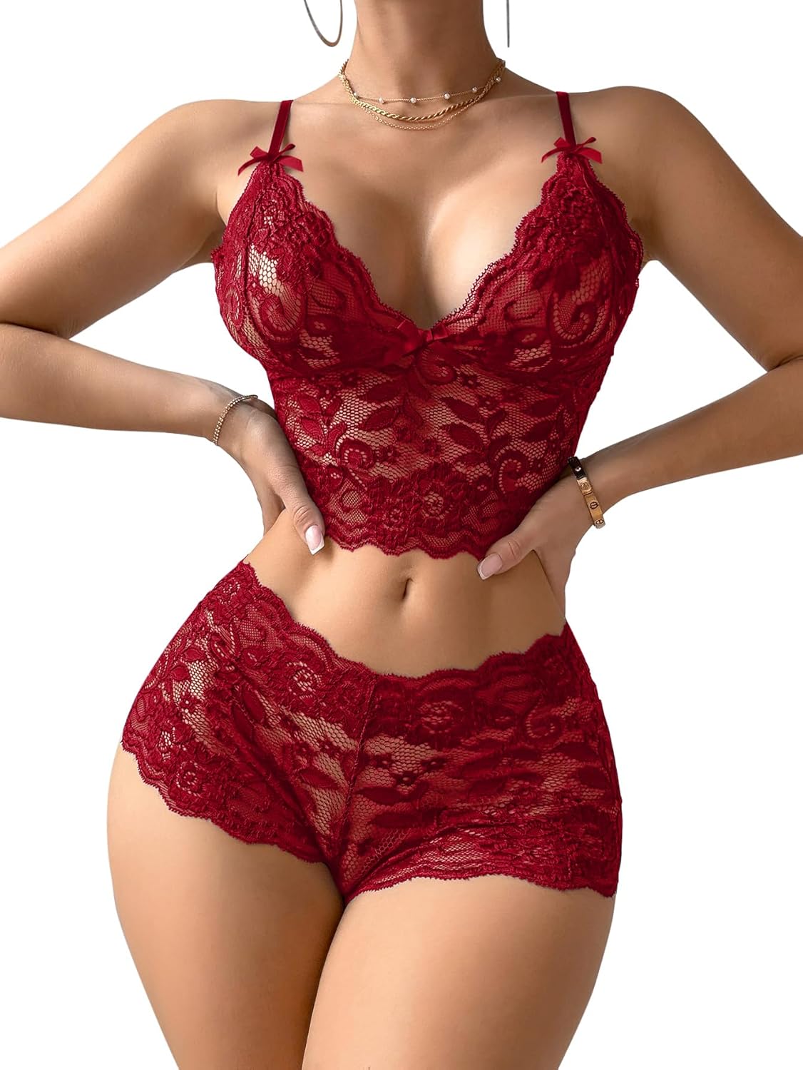 Lilosy Sexy Sheer Floral Lace Pajamas Lingerie Set High Waist Sleepwear Bra and Panty 2 Piece Nightwear-51