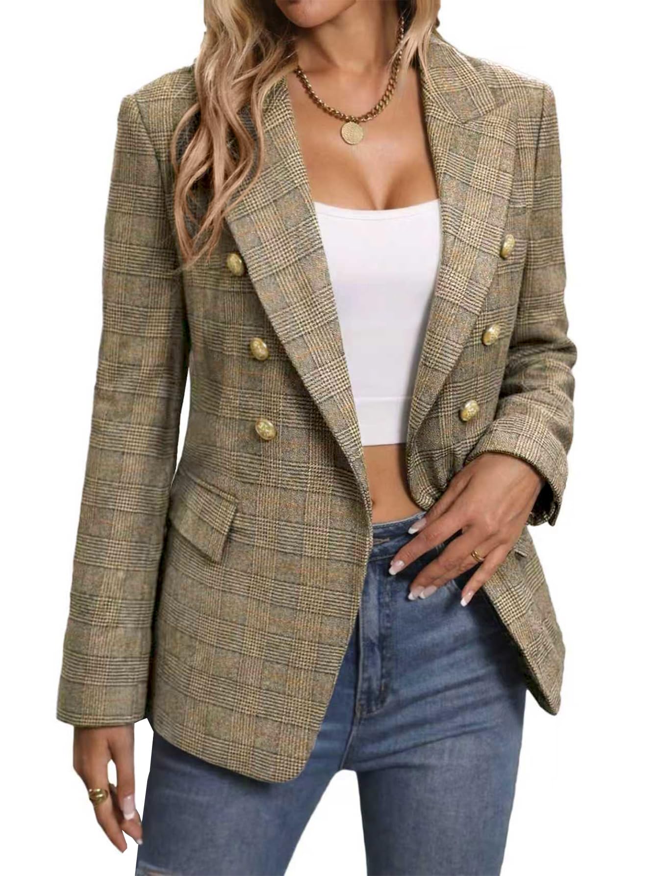 Mina Self 2026 Winter Women's Tweed Wool Blazer Jacket - Plaid Warm Fully Lined Fashion Business Casual Elegant Coat Pockets-70