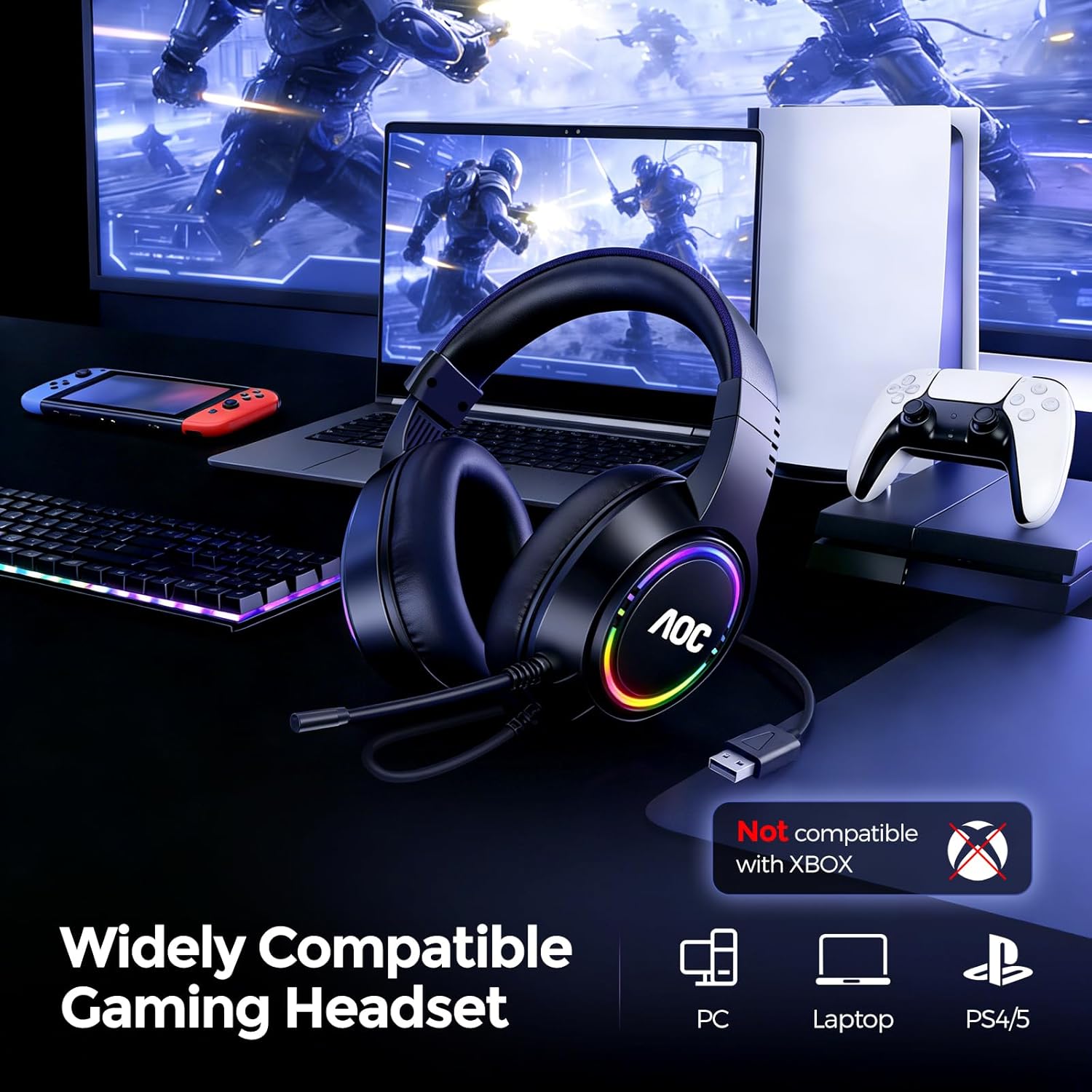 AOC Gaming Headset, Black Wired Gaming Headphones with 50mm Drivers, RGB USB Corded Headphone for PC/Laptops, Over Ear Headset with Mic for PS4/PS5/NS Switch(Docked Mode), ACG2510