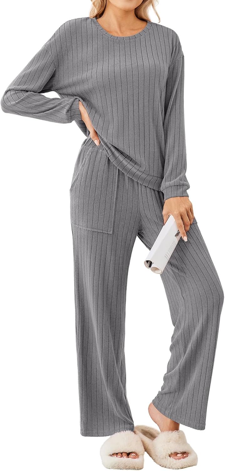 Ekouaer Lounge Sets for Women Ribbed Knit Pajama Sets 2 Piece Long Sleeve Pjs Soft Loungewear Outfits with Pockets-8