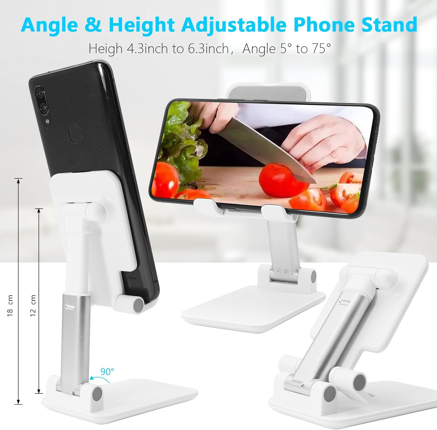 Cell Phone Stand, Folding Desktop Phone Stand, Angle Height Adjustable Mobile Phone Holder for Desk, Office, Tablet Stand Compatible with All Phones 4-10 Inches Cell Phone/Tablet (White)