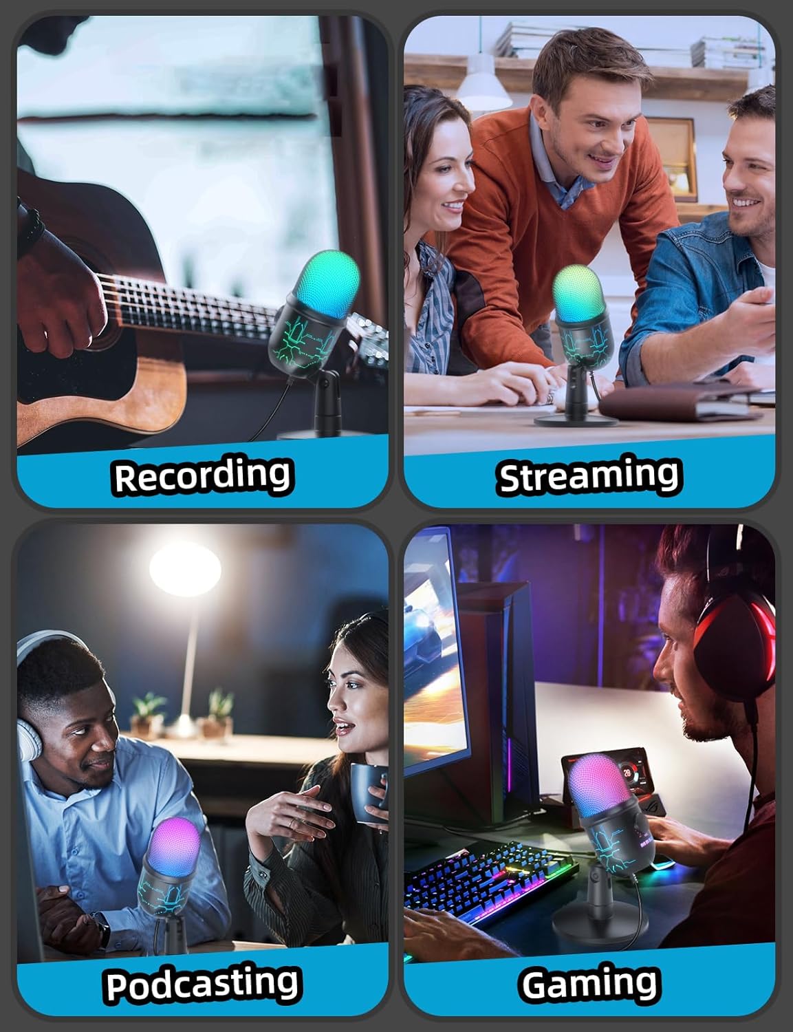 Gaming Microphone, USB Computer Microphone for PC, Mac, PS4/5, Condenser Podcast Mic for Studio Recording, YouTube, Streaming, with Headphone Jack, Led Light, Mute, Gain, Noise Cancellation
