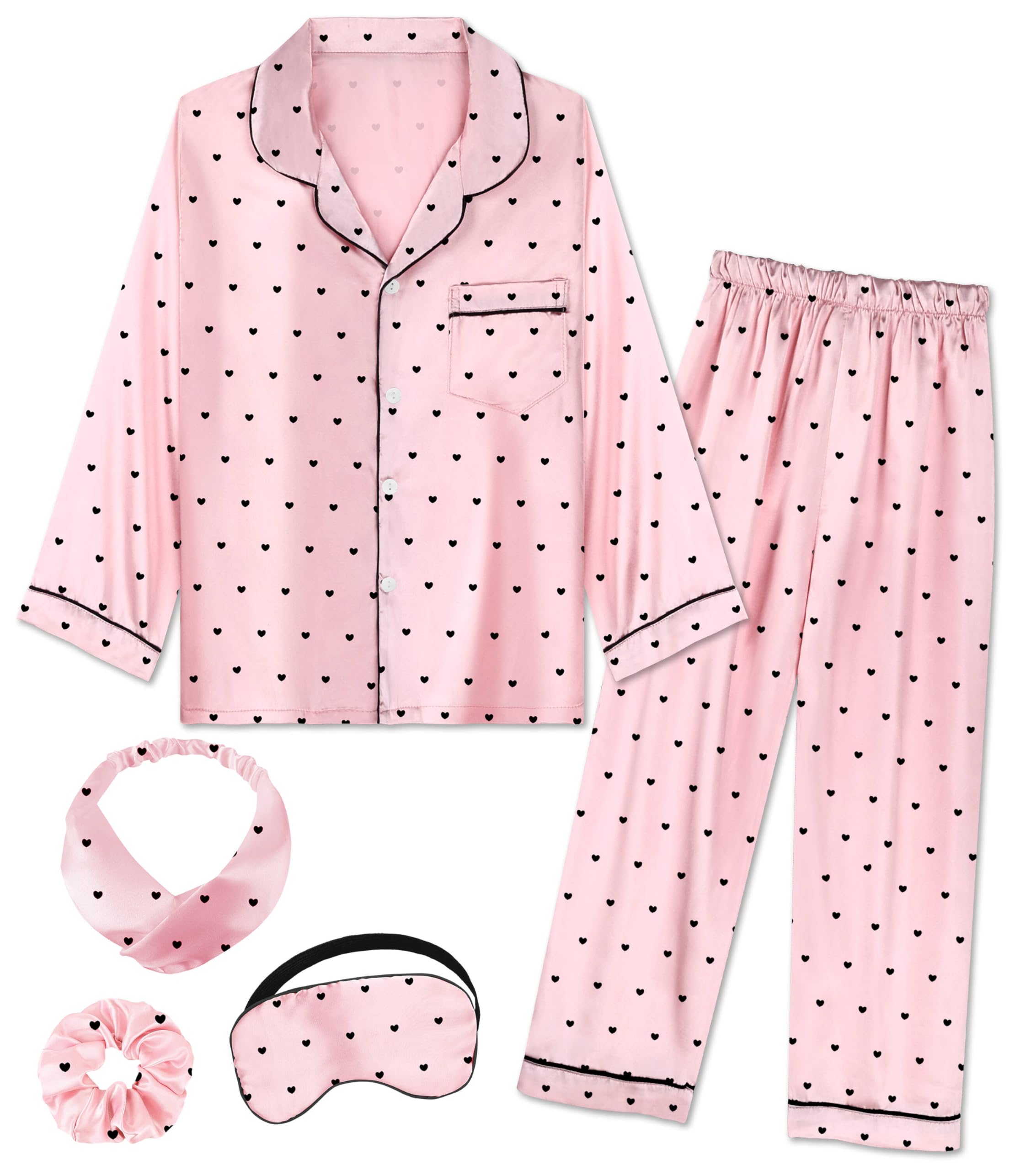 EPLAZA Kids Satin Pajamas Sets Girls Boys Button-Down Silky Pajamas Sleepwear with Hairband Eye Mask Hair Tie