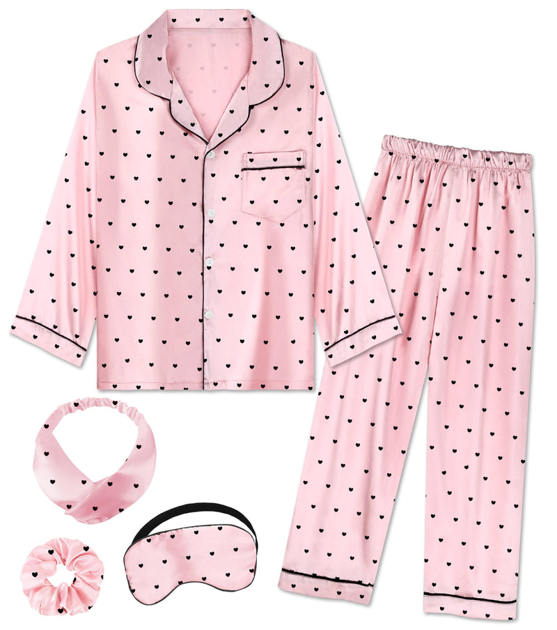 EPLAZA Kids Satin Pajamas Sets Girls Boys Button-Down Silky Pajamas Sleepwear with Hairband Eye Mask Hair Tie