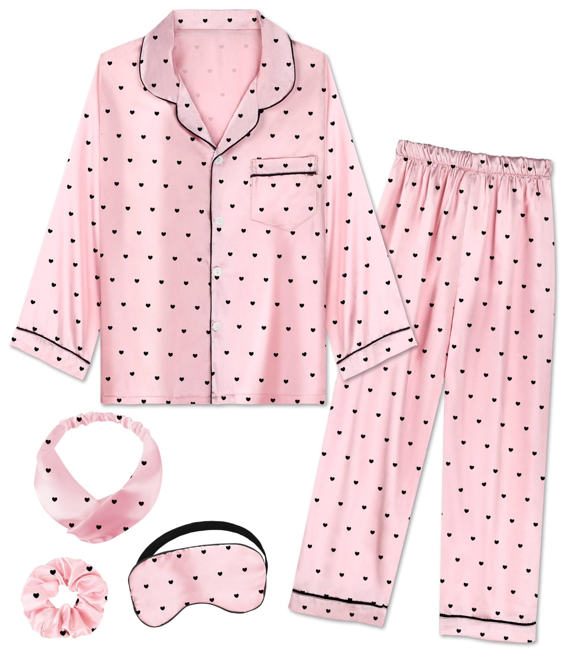 EPLAZA Kids Satin Pajamas Sets Girls Boys Button-Down Silky Pajamas Sleepwear with Hairband Eye Mask Hair Tie-73